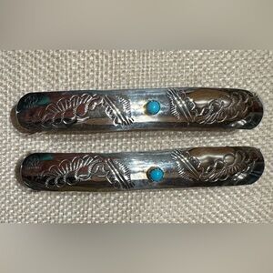 Vintage Native American Sterling Silver Turquoise Barrettes Hair Clips (2)
